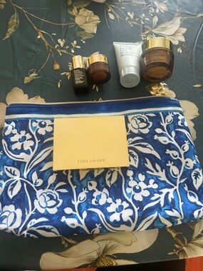Estee Lauder Blue & White Floral Cosmetic Pouch with Gold Accent